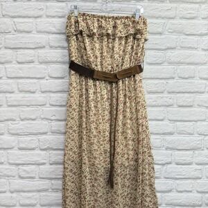 Boho Maxi Dress XL Floral Cream Peasant Romantic Cottagecore Belted Festival